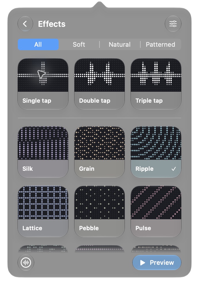 Haptix’s effect picker showing Single, Double and Triple tap alongside textures including Silk, Grain, Ripple, Lattice, Pebble and Pulse.